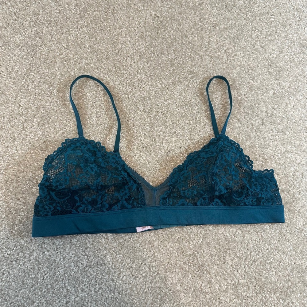 Savage X Fenty Teal Blue Floral Lace Bralette Unlined Triangle Bra Small